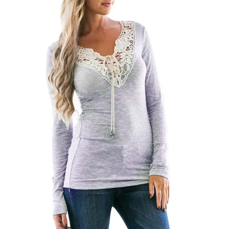 Sexy Lace Long Sleeve T Shirt Screw Thread Knitted Pullover V-Neck Tops Jumper Pull Femme Women Top Plus Size 1