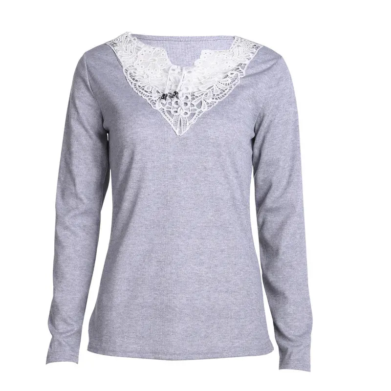 Sexy Lace Long Sleeve T Shirt Screw Thread Knitted Pullover V-Neck Tops Jumper Pull Femme Women Top Plus Size 2