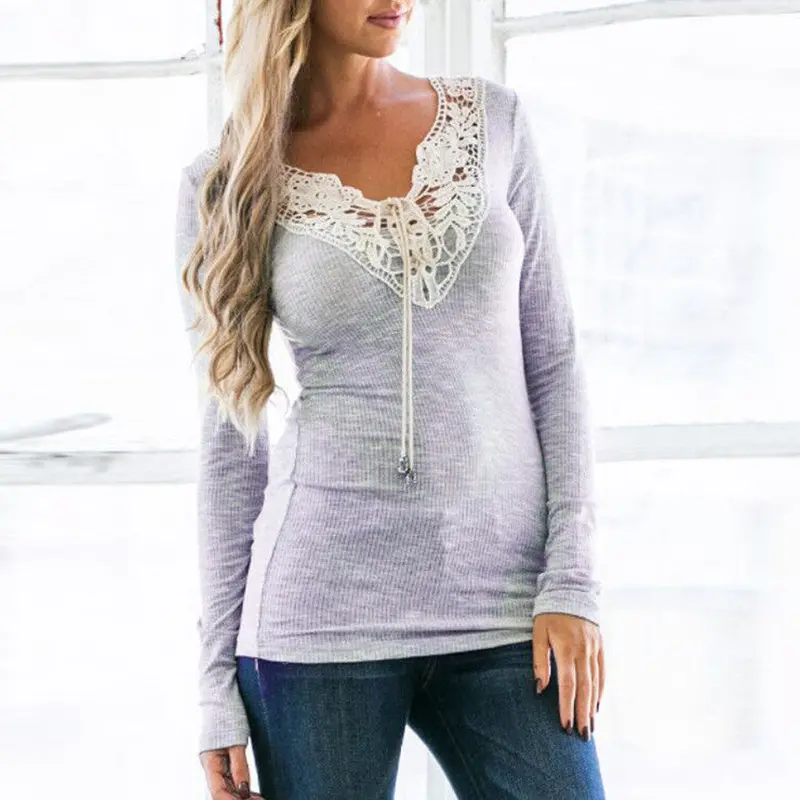 Sexy Lace Long Sleeve T Shirt Screw Thread Knitted Pullover V-Neck Tops Jumper Pull Femme Women Top Plus Size 3