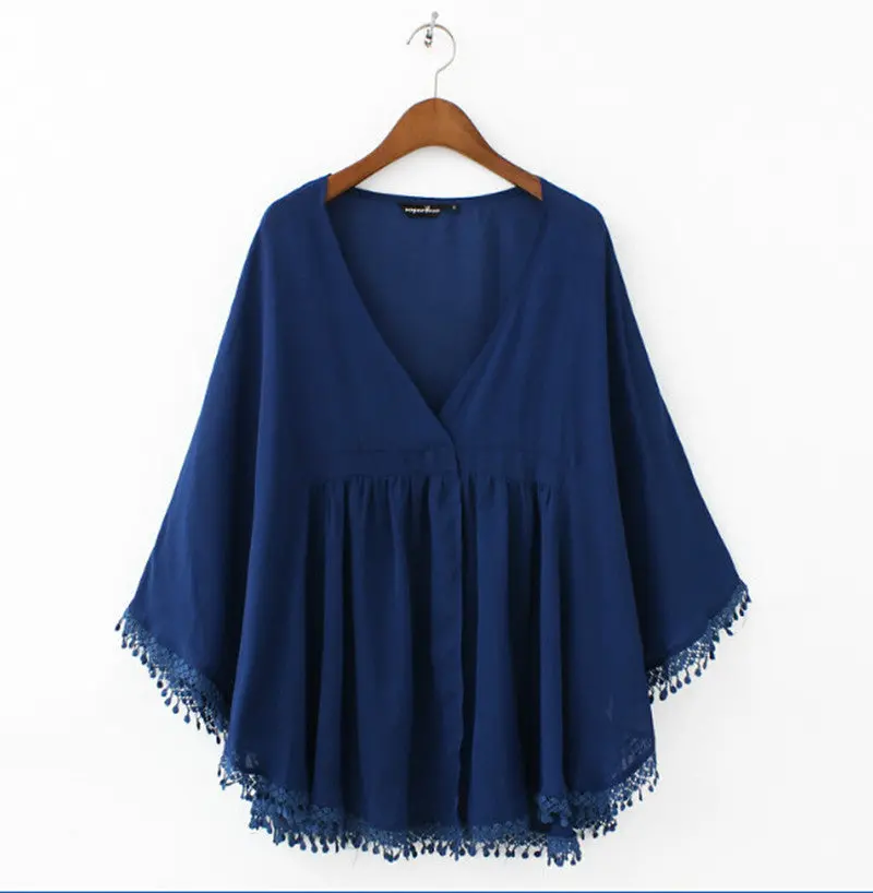 Sexy Lace Tassel Hem Bat Sleeve Kimono Shirt Blusa Feminina Women V Neck Loose Cape Cloak Blouse Tops Blue S M L 1