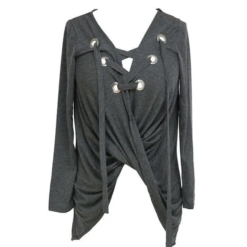 Sexy Lace Up V Neck T Shirt Women Twist Irregular Tee Shirt Femme Long Sleeve Loose Women Tops Plus Size T-Shirts For Women 8