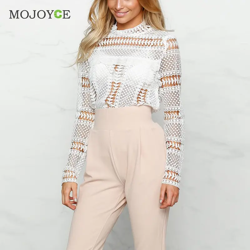 Sexy Lace Women Blouses Hollow Out Crochet Lace Blouse Tops Long Sleeve White Blusas Y Camisas Mujer Sexy Shirt Women Blusas 1