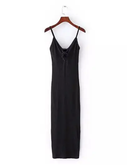 Sexy Lacing Up Deep V Neck Spaghetti Strap Stretch Midi Dress Women Brandy Melville Package Hips Long Dresses 3 Colors 1