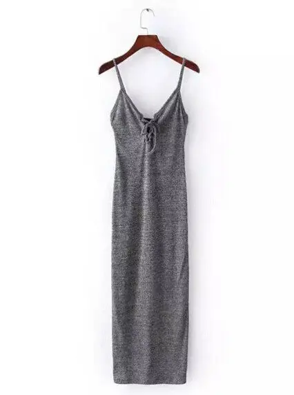 Sexy Lacing Up Deep V Neck Spaghetti Strap Stretch Midi Dress Women Brandy Melville Package Hips Long Dresses 3 Colors 2
