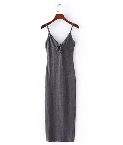 Sexy Lacing Up Deep V Neck Spaghetti Strap Stretch Midi Dress Women Brandy Melville Package Hips Long Dresses 3 Colors 3