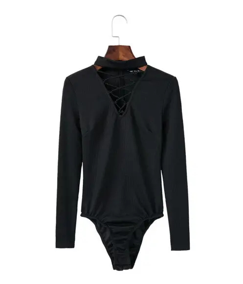 Sexy Lacing Up Halter V Neck Long Sleeve Bodysuit Woman Tight Short Jumpsuit Slim Fit Rompers Playsuits 5 Colors 1