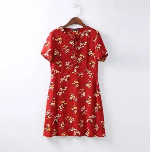 Sexy Lacing Up Red Print Floral Dress Women Strappy Short Sleeve Vestidos Chiffon Dresses S M L Red 1