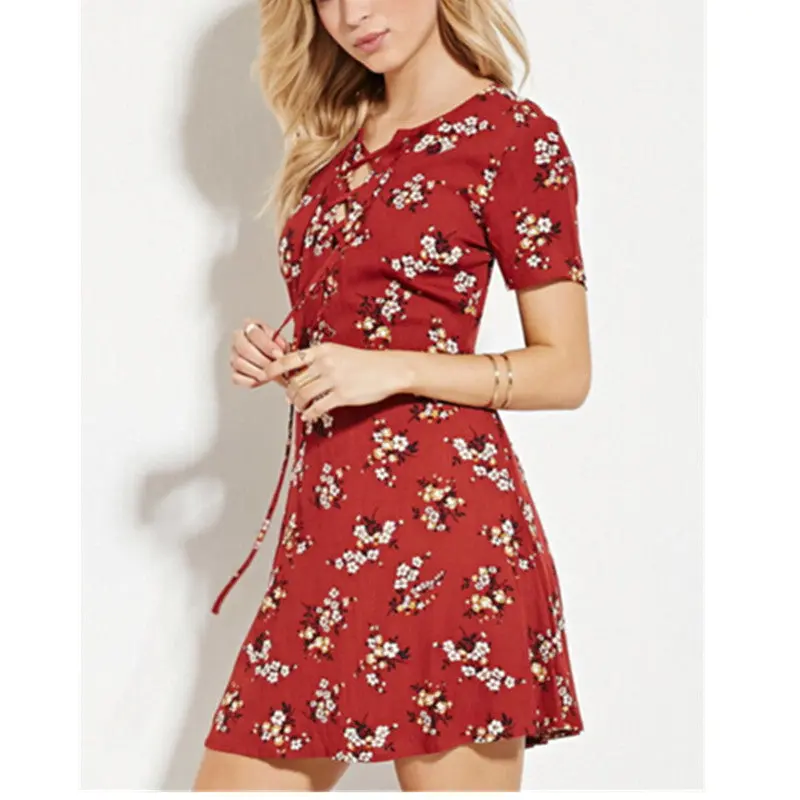 Sexy Lacing Up Red Print Floral Dress Women Strappy Short Sleeve Vestidos Chiffon Dresses S M L Red 2