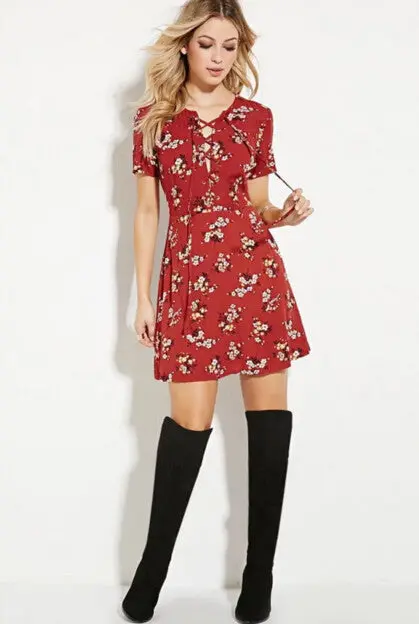 Sexy Lacing Up Red Print Floral Dress Women Strappy Short Sleeve Vestidos Chiffon Dresses S M L Red 3