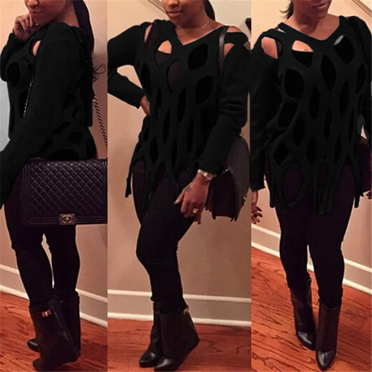 Sexy Ladies' Hollow Out Tassel Hem Knit Sweaters Long Sleeve V Neck Pullovers Jumper Knitwear Tops Plus Size Lx208 1