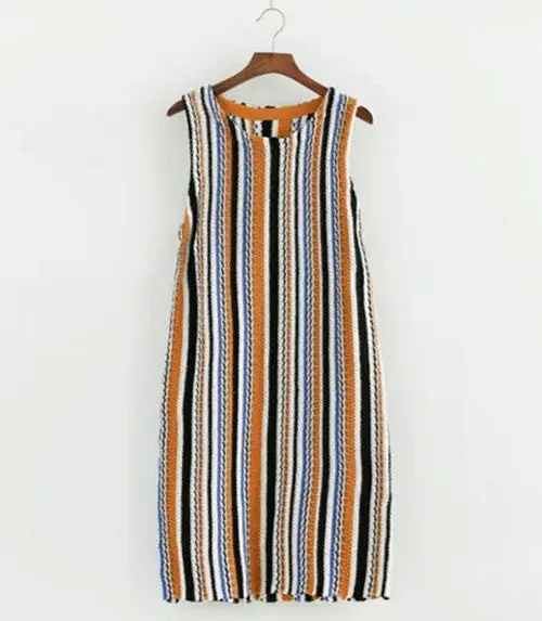 Sexy Lady Contrast Color Striped Print Knitted Sleeveless Dress Slim O Neck Bodycon Hips Short Dresses 1