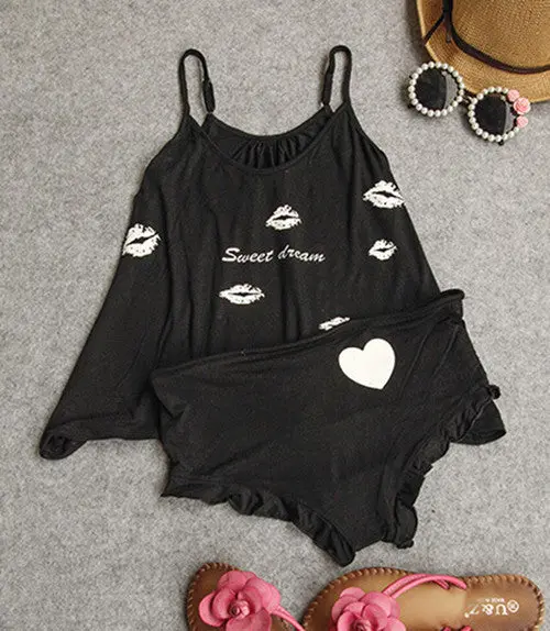 Sexy Lady Lips Print Shape Sling Vest & Ruffel Pants Modal Sets Pajamas Home Clothes Suit Pajama Sets 2 Color 1