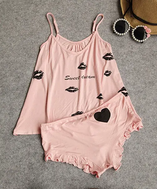 Sexy Lady Lips Print Shape Sling Vest & Ruffel Pants Modal Sets Pajamas Home Clothes Suit Pajama Sets 2 Color 3