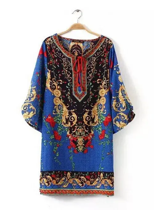 Sexy Lady Retro Baroque Totem Paisley Floral Print Streamer V Neck 3/4 Sleeve Casual Shift Dress Short Dresses Tops 1