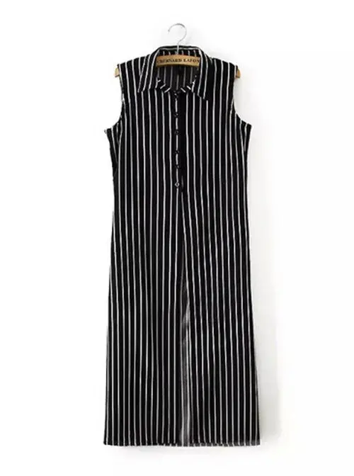Sexy Lady Street Black / White Contrast Striped Print Lapel Sleeveless Cardigan Long Shirt Blouses Tops 1