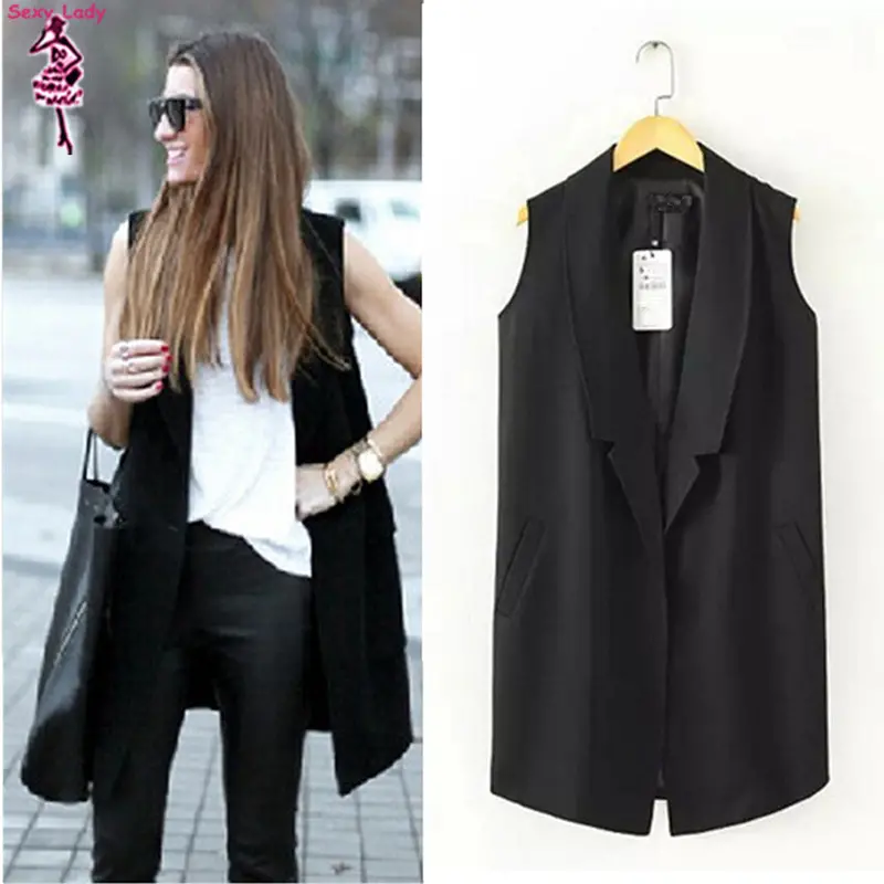 Sexy Lady Women's Solid Black Long Sleeveless Suit Vest Notch Turn Down Collar Slim Long Vest Waistcoat Tops 2