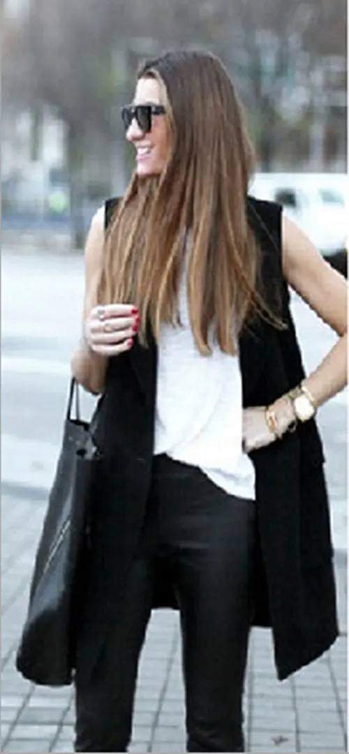 Sexy Lady Women's Solid Black Long Sleeveless Suit Vest Notch Turn Down Collar Slim Long Vest Waistcoat Tops 3