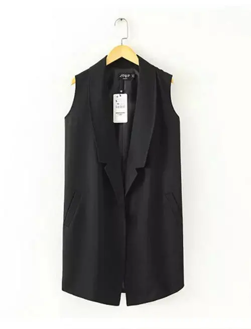 Sexy Lady Women's Solid Black Long Sleeveless Suit Vest Notch Turn Down Collar Slim Long Vest Waistcoat Tops 4