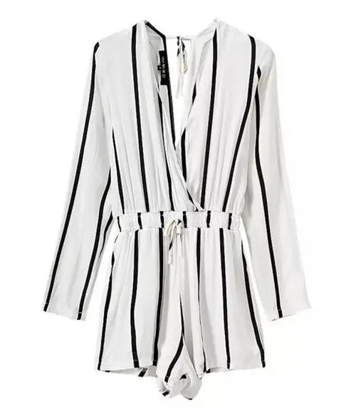 Sexy Lady Women's Vertical Striped Print Deep V Neck Long Sleeve Short Jumpsuit Casual Elastic Waist Rompers Playsuits 1