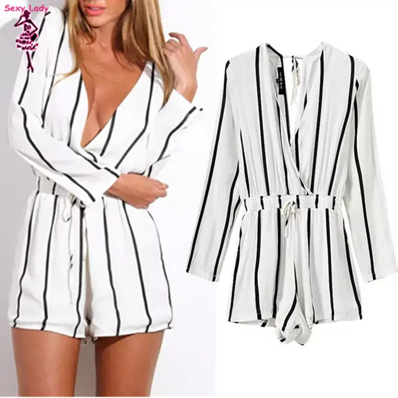 Sexy Lady Women's Vertical Striped Print Deep V Neck Long Sleeve Short Jumpsuit Casual Elastic Waist Rompers Playsuits 2