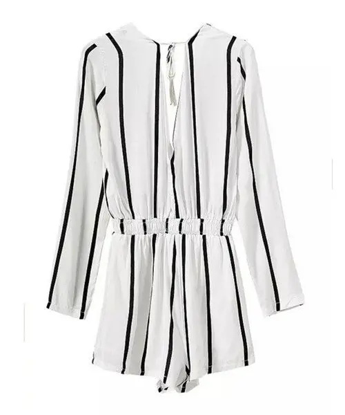Sexy Lady Women's Vertical Striped Print Deep V Neck Long Sleeve Short Jumpsuit Casual Elastic Waist Rompers Playsuits 3
