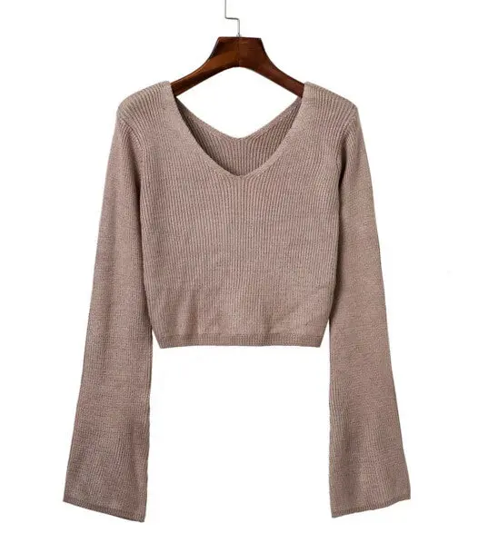 Sexy Large V Neck Flare Sleeve Sweater Women Long Sleeve Pullover Knitwear White Jumper Kleding Jerseis Mujer Femme 1