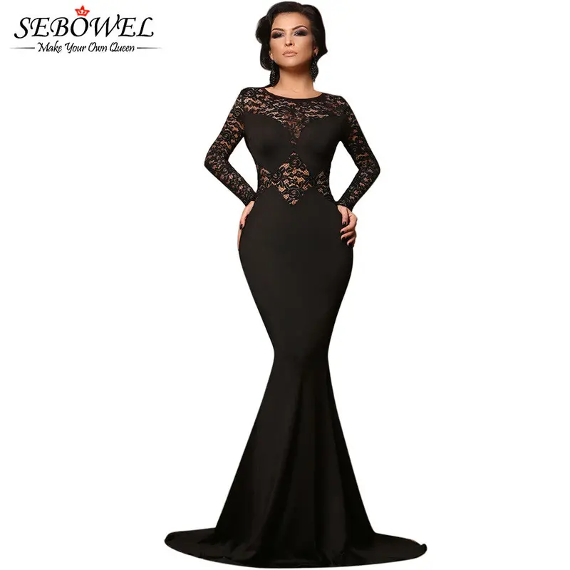 Sexy Long Sleeve Black Lace Floor Length Dress Bodycon Party Long Dress For Black Long Dress 2