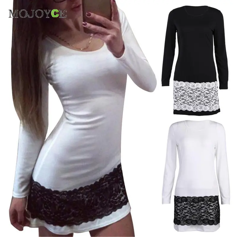 Sexy Long Sleeve Lace Mini Women Dress Vestidos Party Bodycon Dress Black/White O Neck Dress Vestido De Festa 5