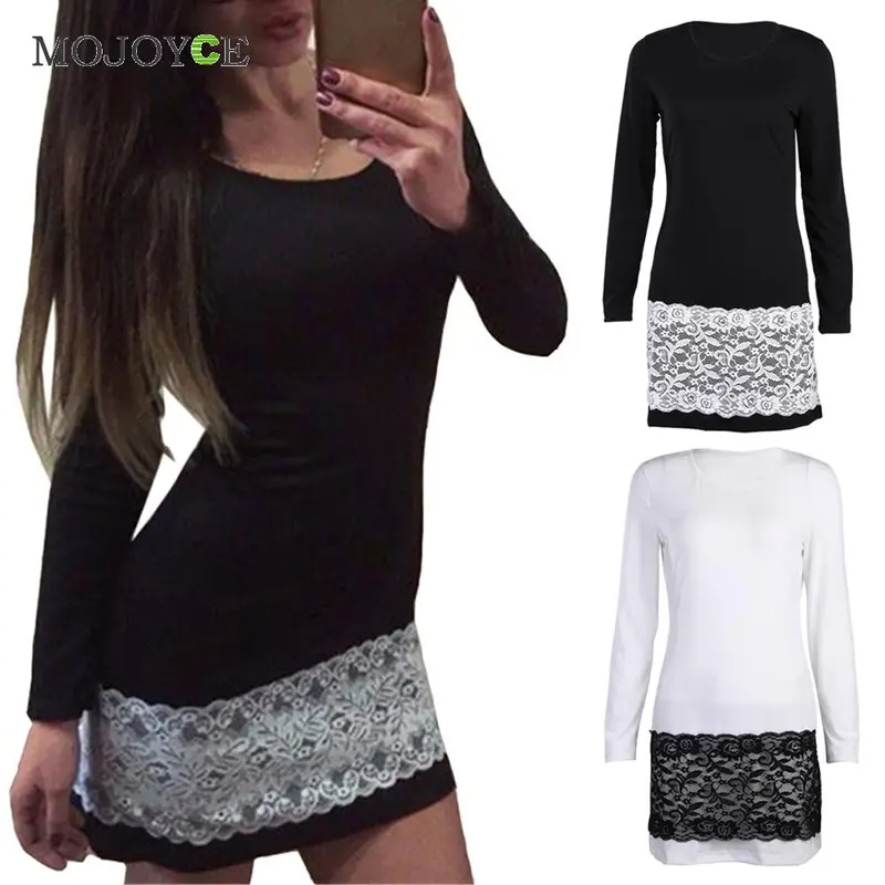 Sexy Long Sleeve Lace Mini Women Dress Vestidos Party Bodycon Dress Black/White O Neck Dress Vestido De Festa 6