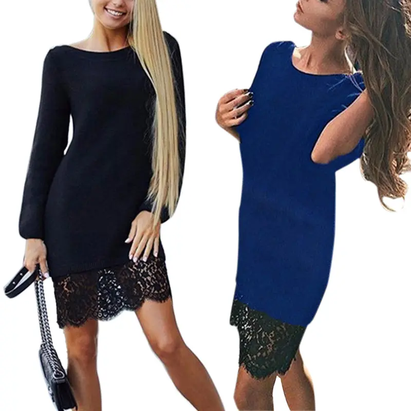 Sexy Long Sleeve Lace Splice Women Dress Bodycon Party Dress Black Dress Vestidos Femininos 7