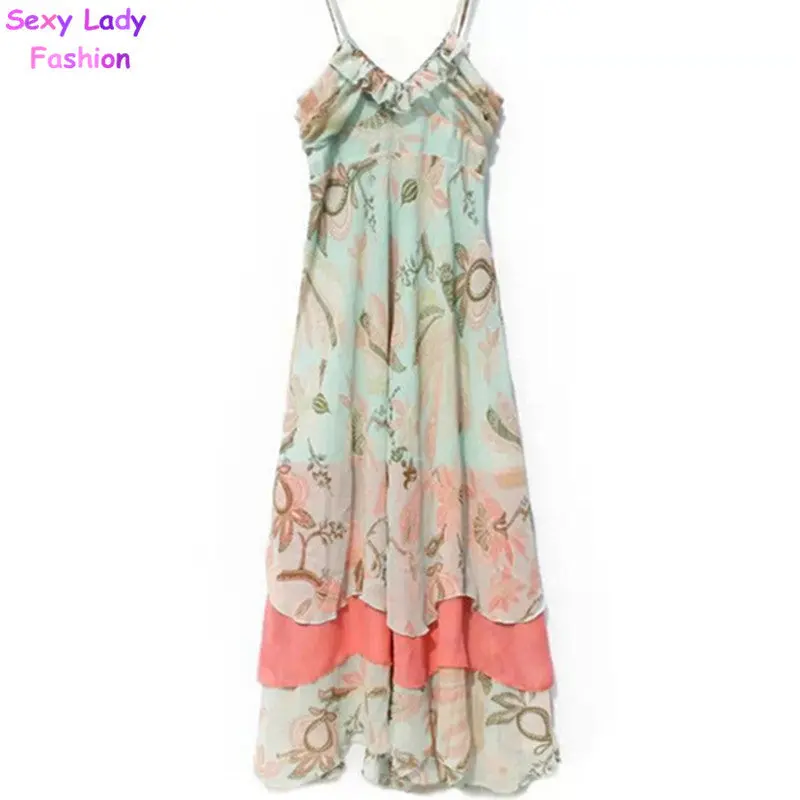 Sexy Maxi Women's Bohemian Printed Floral Spaghetti Strap Long Chiffon Dresses Gisele Long Dress Ethnic Free Ship 3