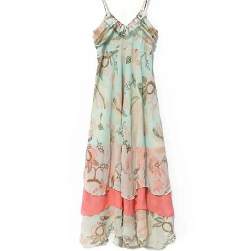Sexy Maxi Women's Bohemian Printed Floral Spaghetti Strap Long Chiffon Dresses Gisele Long Dress Ethnic Free Ship 4