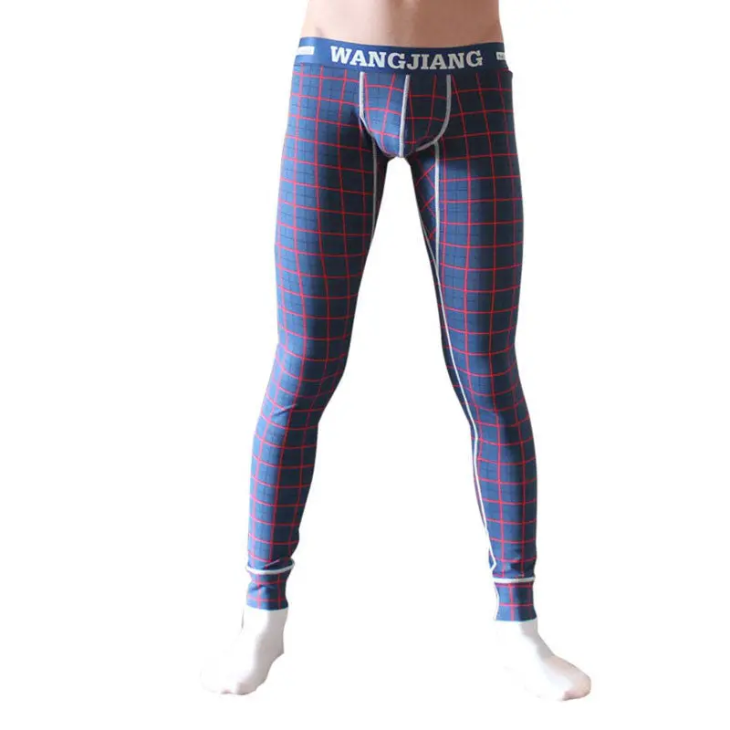Sexy Men's Long Johns Pants Printing Blue Plaid Thermal Bottom Cotton Warm Leggings Underwear Free S Hipping1stl 1