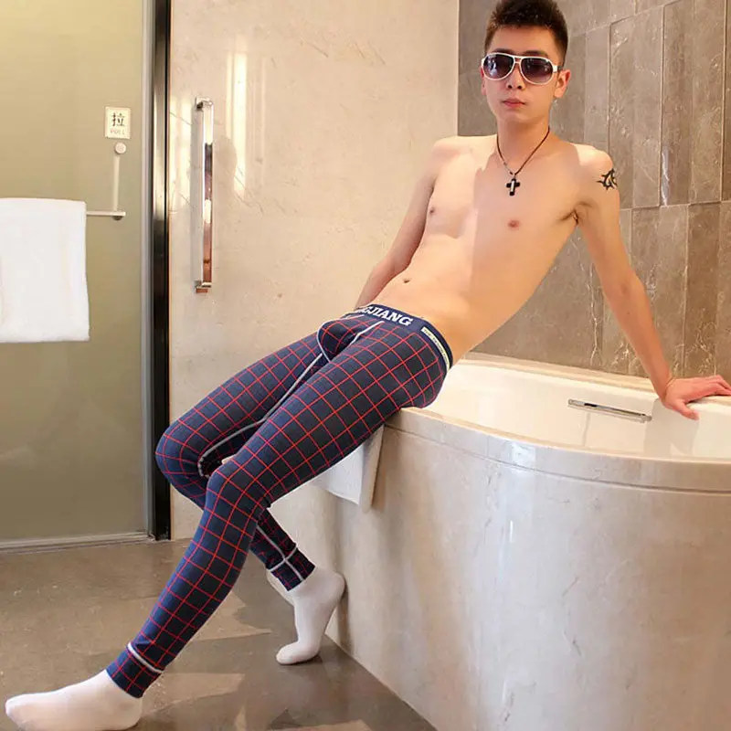 Sexy Men's Long Johns Pants Printing Blue Plaid Thermal Bottom Cotton Warm Leggings Underwear Free S Hipping1stl 3