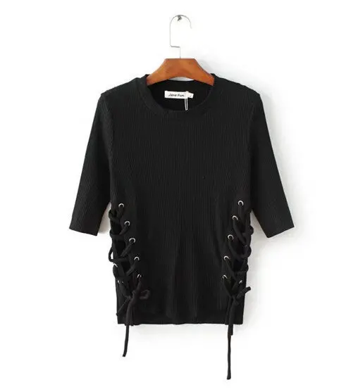 Sexy Metal Eyelets Lacing Up Side T Shirt Bralette Bustier O Neck Strappy Side Tee Tops 3 Color 1