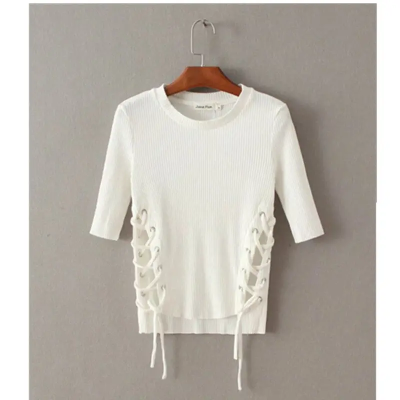 Sexy Metal Eyelets Lacing Up Side T Shirt Bralette Bustier O Neck Strappy Side Tee Tops 3 Color 7