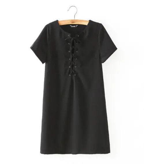 Sexy Metal Eyelets Panelled Lace Up Dress Woman V Neck Short Sleeve Shift Dresses Black Wine Red Army Green 3 Colors 1