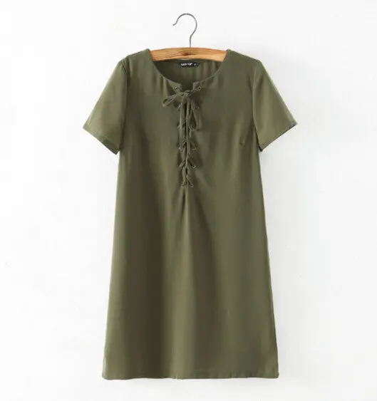 Sexy Metal Eyelets Panelled Lace Up Dress Woman V Neck Short Sleeve Shift Dresses Black Wine Red Army Green 3 Colors 4