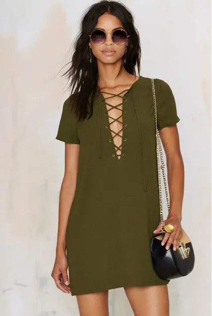 Sexy Metal Eyelets Panelled Lace Up Dress Woman V Neck Short Sleeve Shift Dresses Black Wine Red Army Green 3 Colors 5