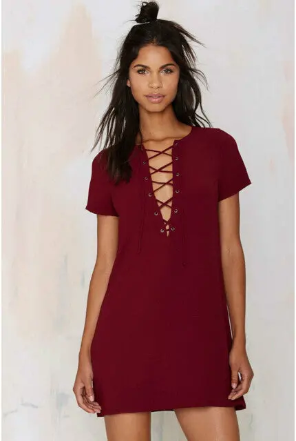 Sexy Metal Eyelets Panelled Lace Up Dress Woman V Neck Short Sleeve Shift Dresses Black Wine Red Army Green 3 Colors 6