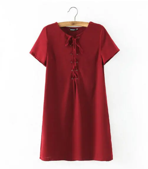 Sexy Metal Eyelets Panelled Lace Up Dress Woman V Neck Short Sleeve Shift Dresses Black Wine Red Army Green 3 Colors 7