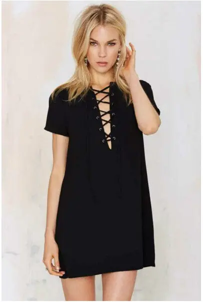 Sexy Metal Eyelets Panelled Lace Up Dress Woman V Neck Short Sleeve Shift Dresses Black Wine Red Army Green 3 Colors 7