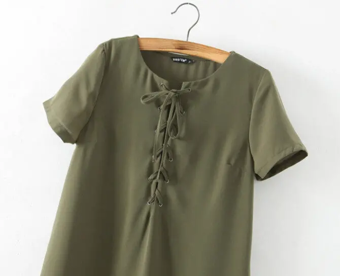 Sexy Metal Eyelets Panelled Lace Up Dress Woman V Neck Short Sleeve Shift Dresses Black Wine Red Army Green 3 Colors 9