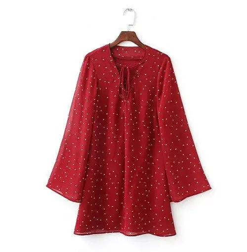Sexy Metal Eyelets Panelled Lace Up Dress Woman V Neck Star Print Chiffon Flare Sleeve Loose Shift Dresses Pullovers 1
