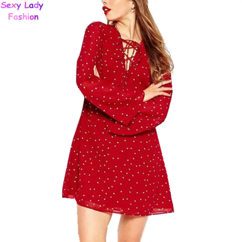 Sexy Metal Eyelets Panelled Lace Up Dress Woman V Neck Star Print Chiffon Flare Sleeve Loose Shift Dresses Pullovers 2