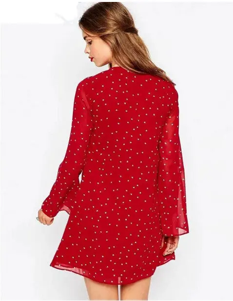 Sexy Metal Eyelets Panelled Lace Up Dress Woman V Neck Star Print Chiffon Flare Sleeve Loose Shift Dresses Pullovers 3
