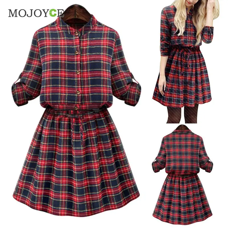 Sexy New Red Plaids Dress Long Sleeve Women Dress Casual Party Short Mini Dress Plus Size 2Xl 3Xl 4Xl 5Xl Vestido 2