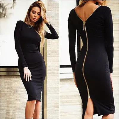 Sexy Night Club Bodycon Sheath Dress Fall Long Sleeve Women Back Zipper Kneelength Dresses Vestidos 1