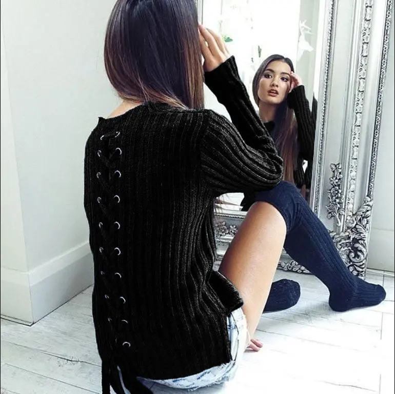 Sexy O Neck Knit Pullover Sweaters Long Sleeve Bandage Sweaters Women's Knitted Sweater Gv410 10