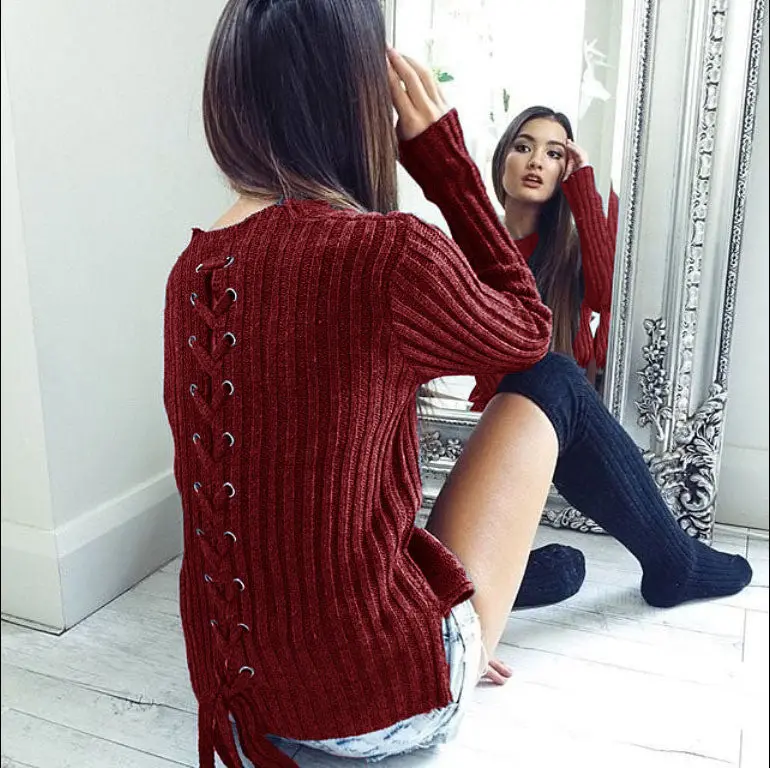 Sexy O Neck Knit Pullover Sweaters Long Sleeve Bandage Sweaters Women's Knitted Sweater Gv410 5